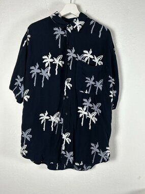 Back East Mens Large Navy Palm Tree Print Button-Up Shirt Lightweight Rayon Shor